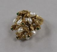 A 1970's? 14ct gold, cultured pearl and emerald set rustic dress ring, size M.