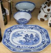 Two blue and white Chinese export platters and two bowls all a.f.