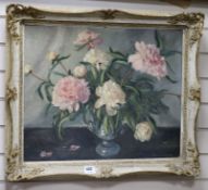 Jean Mattar, oil on canvas board, Still life of peonies in a vase, signed, 50 x 60cm