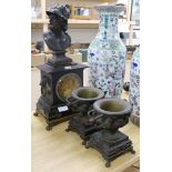 A bronze and slate three piece clock garniture clock height 59cm