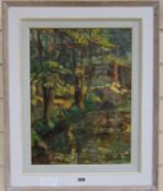 Diana Maxwell Armfield, oil on board, Sunlight across wooded stream, initialled, 40 x 30cm