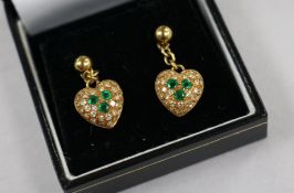 A pair of 18ct gold, emerald and diamond cluster heart shaped drop earrings, overall drop 22mm.