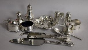 A George V Scottish silver three piece condiment set and other silver items including condiments,