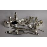 A George V Scottish silver three piece condiment set and other silver items including condiments,