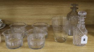 A quantity of cut glass to incorporate four glass coolers, two decanters and an engraved glass