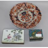 A Chinese famille rose and brass box, a cloisonne enamel box and an Imari dish dish diameter 34cm