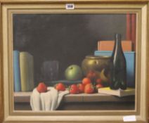 Christopher Cawthorn (1900-) oil on canvas, Still life of fruit, a bottle and books, signed, 40 x