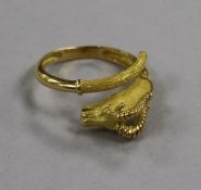 A textured yellow metal 'ram's head' ring, size P/Q