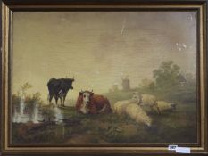 19th century Dutch School, oil on canvas, cattle and sheep in a landscape, 47 x 65cm