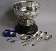 A silver rose bowl, two silver thimbles and seven assorted silver teaspoons, 11 oz.