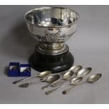A silver rose bowl, two silver thimbles and seven assorted silver teaspoons, 11 oz.