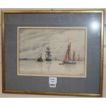 E. Spiller, watercolour, Shipping on an estuary, signed, 23 x 33cm
