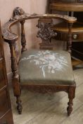 A carved walnut corner chair and a barleytwist stool stool W.91cm