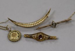 A yellow metal and seed pearl crescent brooch, two other bar brooches including diamond set and