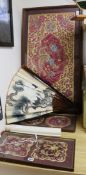 Three framed Chinese embroidered panels, a fan and a scroll