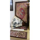 Three framed Chinese embroidered panels, a fan and a scroll