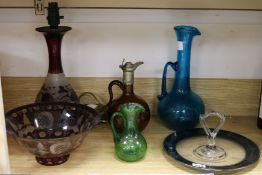 A flash glass Bohemian bowl and collection coloured glass lamp base