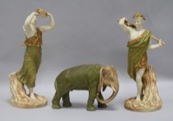 Two Royal Worcester blush figures and a similar elephant