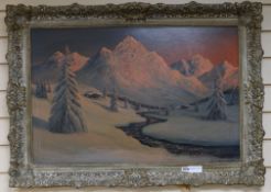 H L Braunstan, oil on board, Alpine landscape at sunset, signed 49 x 74cm