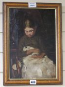 Velas, oil on board, Girl holding a sleeping puppy, indistinctly signed, 35 x 24cm