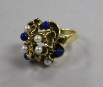 A 1980's? 14ct gold, cultured pearl and lapis lazuli set cocktail ring, size M.
