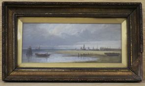 GW, oil on millboard, Dutch coastal landscape at low tide, initialled, 11 x 29cm