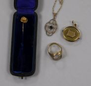 An Edwardian openwork pendant on fine chain and three other items, including a 9ct gold signet