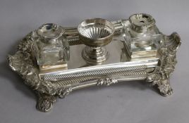 A William IV silver inkstand, by Henry Wilkinson & Co, Sheffield, 1833 and tow later pens, 27cm,