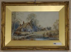 John Hughes Clayton, watercolour, Woman and dog beside a cottage, signed, 28 x 44cm