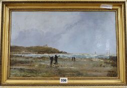 JGT, oil on board, Fisherfolk on the shore, initialled, 29 x 46cm