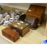 An oak stationery box, a walnut jewellery box, a cased microscope and an Art Deco book trough box