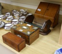 An oak stationery box, a walnut jewellery box, a cased microscope and an Art Deco book trough box