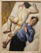 After Lucian Freud, oil on canvas, Reclining nude and companion, 59 x 44cm