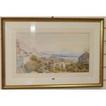 Late 19th century English School, watercolour, Woman overlooking a meditteranean harbour 30 x 55cm