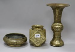 A Chinese bronze censer, a gu beaker vase and a polyhedral vase tallest 27cm