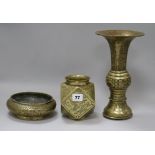 A Chinese bronze censer, a gu beaker vase and a polyhedral vase tallest 27cm