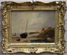Attributed after Bonington, oil on panel, Fishing village at low time, 30 x 40cm