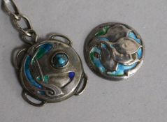 An Edwardian Art Nouveau Liberty & Co silver, enamel and turquoise pendant, Birmingham, 1906 and