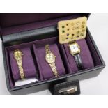 Ten pairs of assorted 9ct gold ear studs including gem set and three lady's wrist watches.