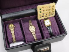 Ten pairs of assorted 9ct gold ear studs including gem set and three lady's wrist watches.