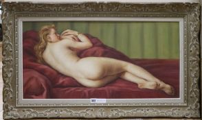 J. Dupin, oil on canvas, reclining female nude, 40 x 79cm