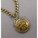 An Edward VII gold full sovereign in a 9ct gold pendant mounted, together with a 9ct gold curb