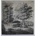 Lucas van Uden, Old Master engraving, Shepherd and flock beneath trees, collector's mark verso, 12 x