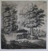 Lucas van Uden, Old Master engraving, Shepherd and flock beneath trees, collector's mark verso, 12 x