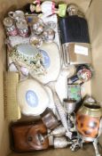A hip flask, plated cruets, a cloisonne and coconut vessel on stand, etc
