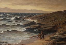 Macgregor Wilson, oil on canvas, wrecker on the shore, signed and dated 1890, 51 x 76cm, unframed
