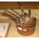 A set of five graduated copper saucepans