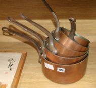 A set of five graduated copper saucepans