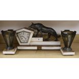 An Art Deco clock garniture clock width 46cm height 29cm