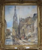 Flemish School, oil on canvas, Cathedral and canal, indistinctly signed, 60 x 50cm